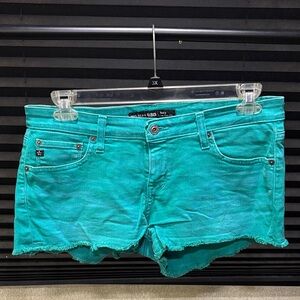 Big Star Remy Aqua Green Low Rise Raw Hem Denim Stretch Jean Short WN 31”